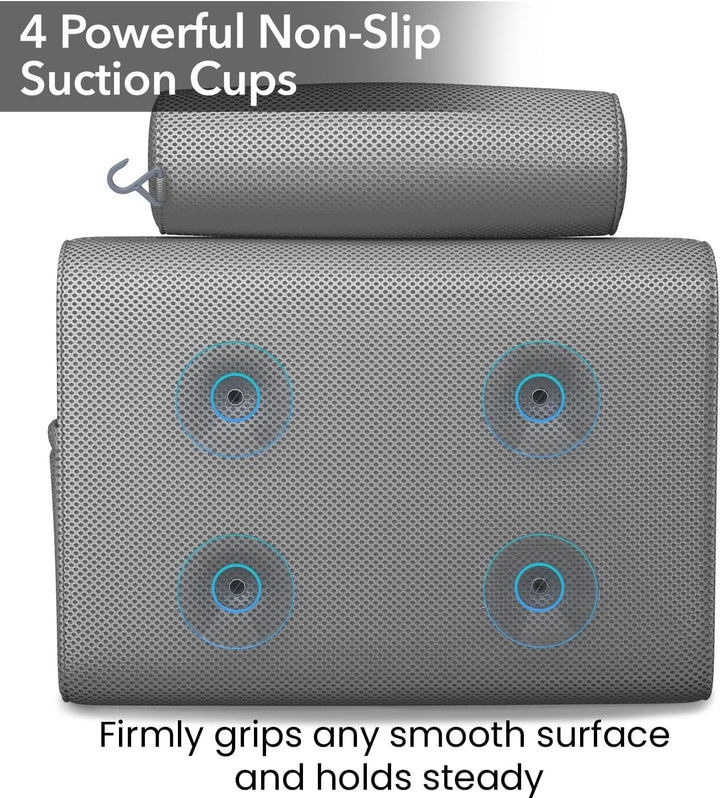 Luxury Bath Pillows for Tub with Head and Neck Support - Non-Slip Bathtub Pillow with Suction Cups, Quick-Drying Mesh & Drying Hook - Jacuzzi & Spa Accessories for Women - Gray