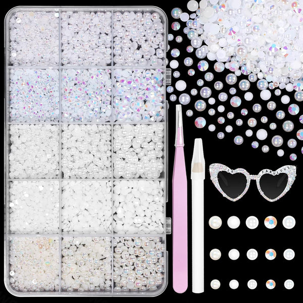 12000 Pcs White Flatback Pearls and Rhinestones for Crafting, 3-5 Mm Jelly Resin Rhinestones, Mixed Size Half Pearl Bedazzling Gems for Nail DIY Crafts Mugs Bottles Tumblers Clothes Makeup