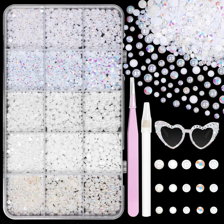 12000 Pcs White Flatback Pearls and Rhinestones for Crafting, 3-5 Mm Jelly Resin Rhinestones, Mixed Size Half Pearl Bedazzling Gems for Nail DIY Crafts Mugs Bottles Tumblers Clothes Makeup