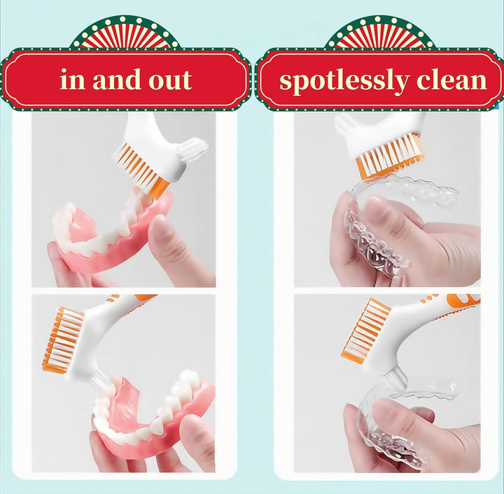 Denture Cleaning Brushes 2-Pack with Dual-Angle Heads - Soft Nylon Bristles & Ergonomic Grip, Travel Denture Brush Kit for Seniors (Green/Purple) | Denture Care Essentials