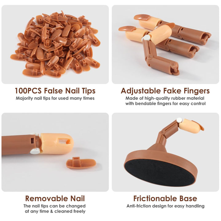 Acrylic Nail Practice Finger Kit,  Acrylic Nail Training with 1 Base Stand, 3 Adjustable Fake Fingers, 100 Brown Nail Tips, Movable Training Nail Practice for Nail Beginner…