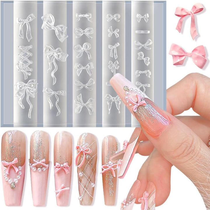 Bowknot Silicone Nail Molds, 3D Gel Nail Art Sculpture Bow Mold DIY Bow Charms for Nails Design Silicone Molds Cute Bows Nail Template Stencils Reusable Manicure Carved Mould Resin Mold