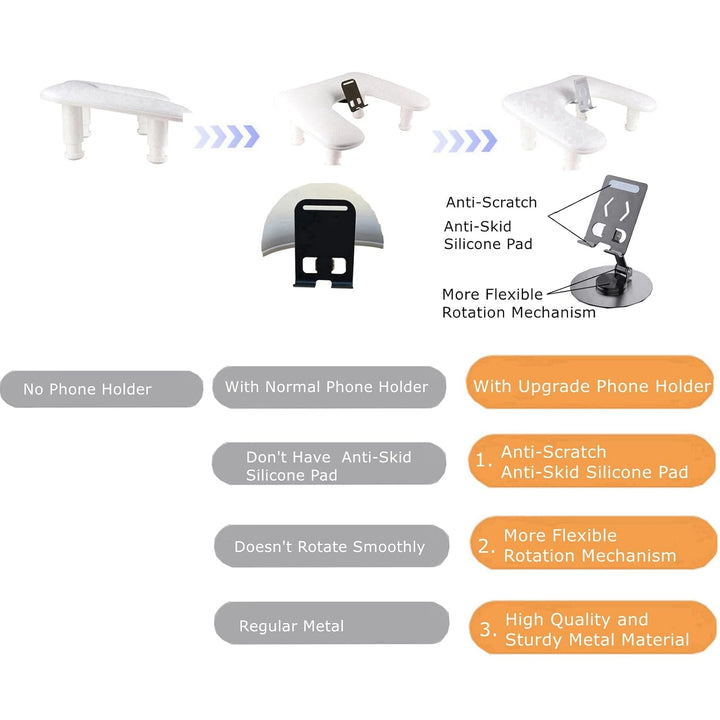 Manicure Arm Rest with Rotating Phone Holder for Nails Tech, U - Shaped Adjustable Nail Hand Rest Stand PU Leather (White)