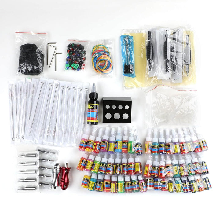 Complete Tattoo Kit 4 Pro Machine Guns 54 Inks Power Supply Foot Pedal Needles Grips Tips Carry Case TK453-US
