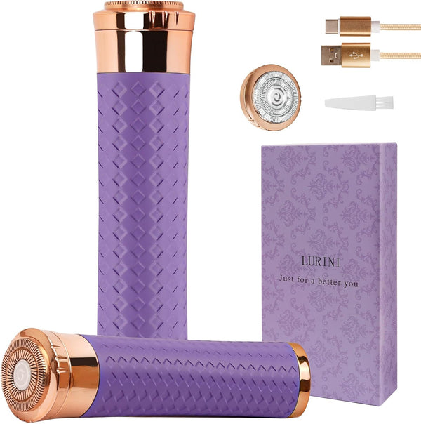 Facial Hair Removal for Women, Painless Rechargeable Hair Removal Device, Comes with 2 Replacement Heads, Portable Electric Shaver/Razor for Face, Chin, Upper Lip, Arms and Peach Fuzz (Purple)