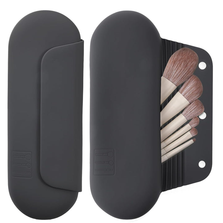 Silicone Makeup Brush Holder Travel Cosmetic Bag：Soft Portable Cosmetic Face Brushes Holder with Upgrade Anti-Fall Out Magnetic Closure, Large Travel Makeup Brush Case - Walnut