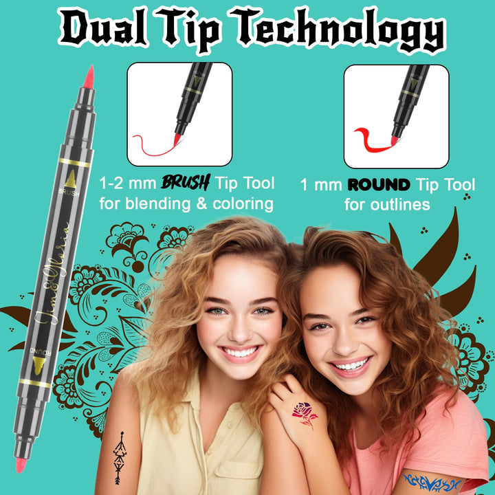 Body Art Tattoo Pen Dual Tip 10 Colors with GOLD SILVER Temporary Tattoo Markers Skin Pen Body Markers Skin Marker Face Paint Kids Teen Girl Gifts Trendy Stuff 8 9 10 11 12 13 14 Years Old