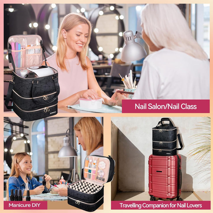 Nail Polish Organizer Bag Holds 84 Bottles (15Ml/0.5Fl.Oz)& Nail Lamp, 3 Layers Detachable Nail Kit Storage Case PU Leather, Large Travel Nail Supplies Shoulder Bag for Manicure Tools (Black)