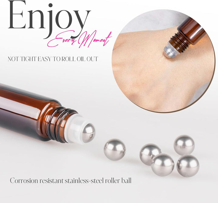 10Ml Roller Bottles for Essential Oils, 4 Pack Glass Roll on Bottles, Refillable Perfume Bottle, with Stainless Steel Roller Balls, 2 Droppers, 1 Opener, Labels (Amber)