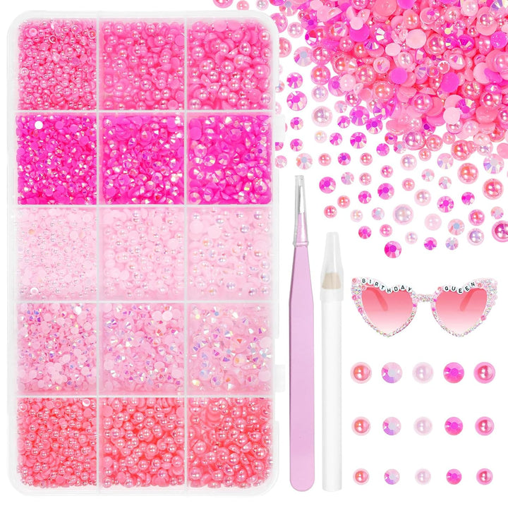 12000 Pcs White Flatback Pearls and Rhinestones for Crafting, 3-5 Mm Jelly Resin Rhinestones, Mixed Size Half Pearl Bedazzling Gems for Nail DIY Crafts Mugs Bottles Tumblers Clothes Makeup