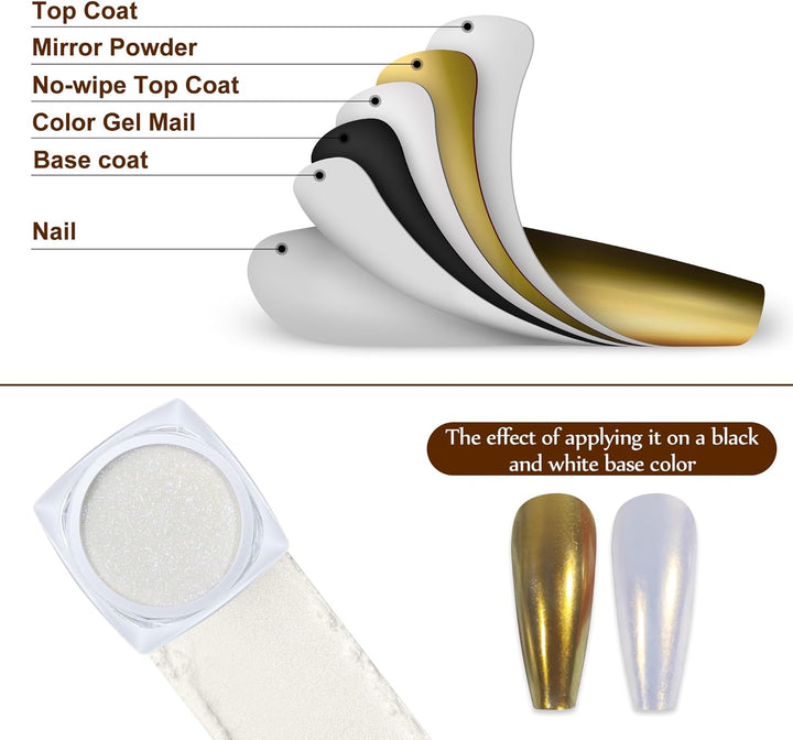 2 Jars Chrome Nail Powder White and Gold Pearl,Iridescent Aurora Powder Metallic Mirror Effect Pigment Pearlescent Mermaid Pearl Glitter Dust Kit (White and Gold)
