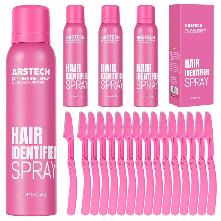 Hair Identifier Spray for Face Shaving Dermaplaning Tool Skin Body Dermaplaning Spray for Women with 4 Face Razor for Face Shaver Hair Removal Kit Excess Hair Dermaplane Razor for Women Face