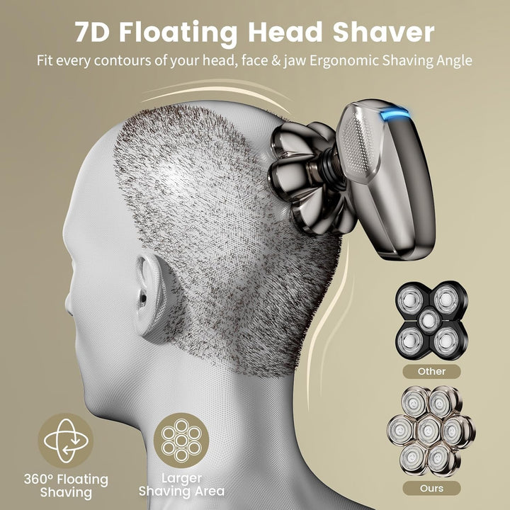 7D Head Shavers for Bald Men,  Detachable Head Shaver LED Display Dry Wet Bald Head Razor, IPX7 Waterproof Head Shavers with Type-C Charge