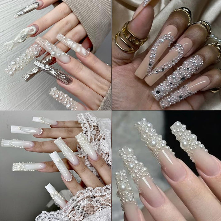 12 Grids Pearl Beads Nail Art Charms Nail Pearls White Pearl Charms for Nails Design Flat Back Pearls for Crafting Manicure Bead Kit Women Nail Beads Fingernail Decorations Cute Beads for Crafts