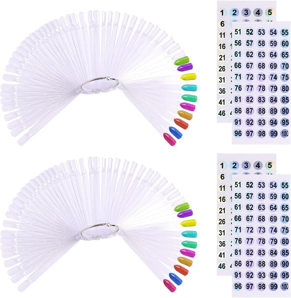 100 Ps Fan-Shaped Nail Swatch Sticks with Number Stickers, Nail Practice Sticks, Color Display Wheel, Sample Tips(Transparent)