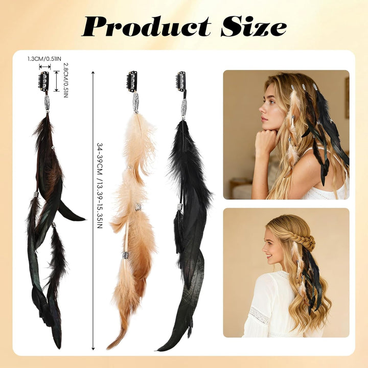 Feathers Hair Extensions for Women Boho Clip-In Hair Feather Accessories for Carnival Halloween Party Performances Photo Shoots, Brown Black Dark Coffee(3 Pcs)