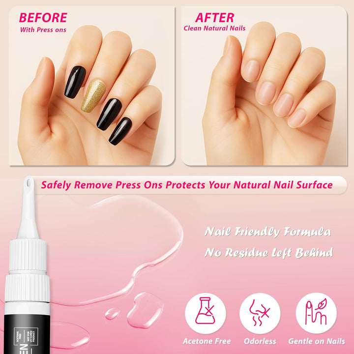 Nail Glue Remover Pen 10Ml Refillable Acetone Free Precision Nozzle with Cuticle Pusher Safely Removes Press on Nails & Glue Gentle on Natural Nails Odorless Formula