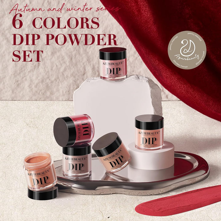 Dip Powder, Fall Brown Red Glitter 6 Colors Dipping Powder Starter Kit French Nail Art Manicure DIY Salon for Women, No Need Nail Lamp Cured