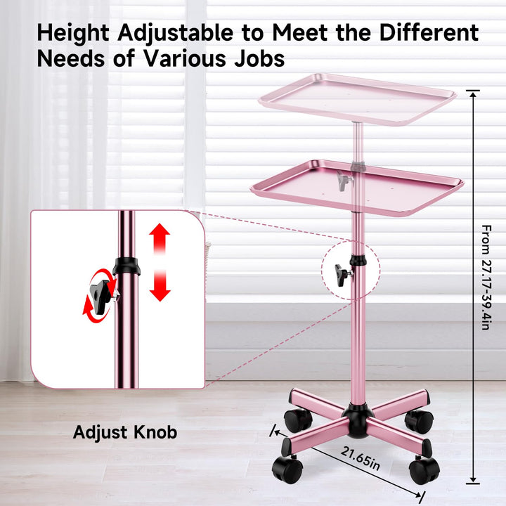 Salon Tray Cart Rolling Tray Spa Tray,Tattoo Tray Dental Tray Height Adjustable,Salon Tray on Wheels Premium Metal Rolling Trolley,Pink