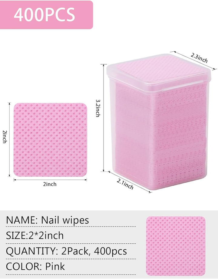 Lint Free Nail Wipes, 400 PCS Non-Woven Fabric Nail Cleaning Pads Pink Lash Extensions Glue Cleaning Wipes Salon Supplies