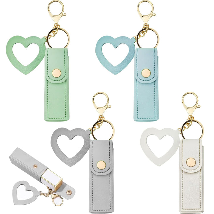 4 PACK PU Leather Potable Chapstick Holder Key Chain Bulk with Mirror, Lipstick Keychain, Lip Balm Organizer Holder Lipstick Travel Makeup Storage Case for Women Girls (Style 1)