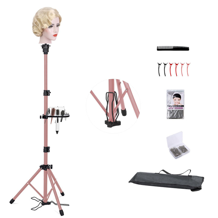Reinforced Wig Stand Tripod Mannequin Head Stand, Adjustable Holder for Cosmetology Hairdressing Training with T-With Caps, T-Pins, Comb, Hair Clip, Carrying Bag