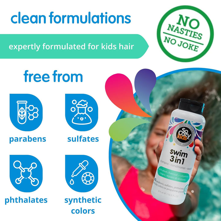 Kids Swim 3-In-1 Shampoo, Conditioner & Body Wash - 3-In-1 Combo Pool Shampoo & Conditioner for Swimmers - Salt & Chlorine Removing Activated Charcoal