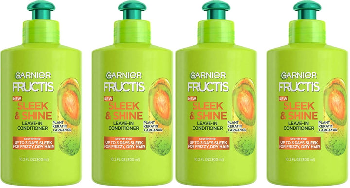Fructis Sleek & Shine Leave-In Conditioning Cream for Frizzy, Dry Hair, Plant Keratin + Argan Oil, 10.2 Fl Oz, 2 Count (Packaging May Vary)