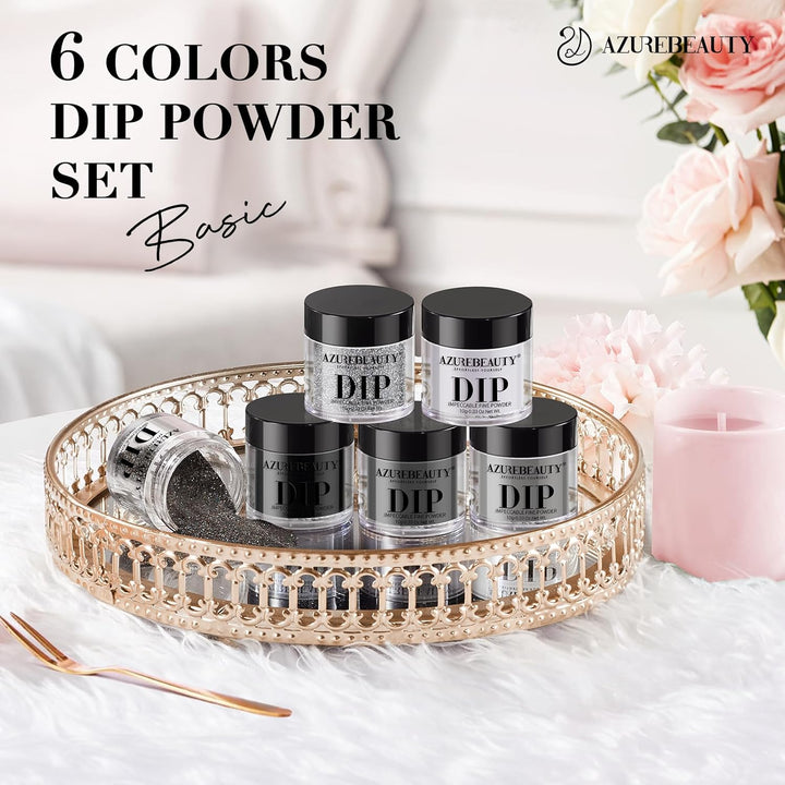 Dip Powder Nail Basic Set White Black Silver Grey Pure Sparkle 6 Colors All Seasons Dipping Powder Starter Kit French Nail Art Manicure DIY Salon for Women, No Need Nail Lamp Cured