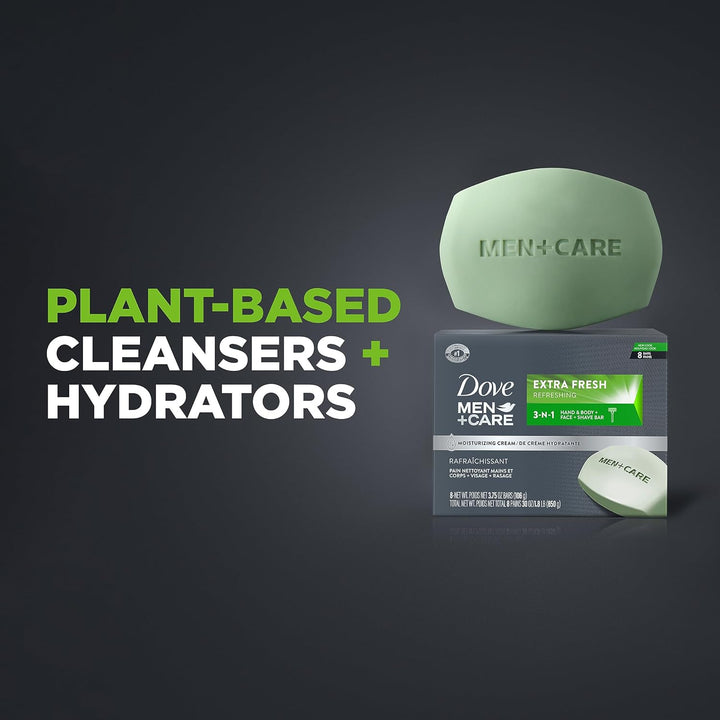 3 in 1 Bar Cleanser for Body, Face, and Shaving Extra Fresh Body and Facial Cleanser More Moisturizing than Bar Soap to Clean and Hydrate Skin 3.75 Ounce (Pack of 8)