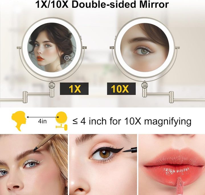 9" Wall Mounted Lighted Makeup Mirror,4000Mah Rechargeable Double Sided 1X/10X Magnifying Mirror with Light,3 Color Lights,Touch Dimmable,Extended Arm 360 Rotation Wall Mounted Makeup Mirror