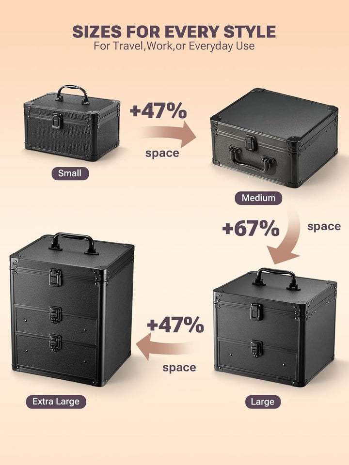 Makeup Box with a Detachable Lighted Mirror, Waterproof Travel Train Case, Cosmetic Organizer and Makeup Suitcase with Adjustable Dividers, Magnetic LED Mirror (Black)