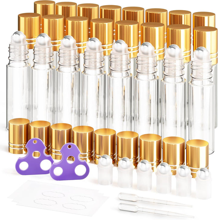 48-Pack Essential Oil Roller Bottles 10Ml, Empty Bottles with Stainless Steel Roller Balls and Waterproof Labels, Amber Roller Balls for Essential Oils