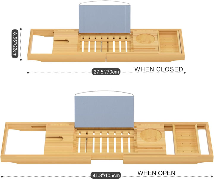 Luxury Bamboo Bathtub Tray - Wooden Expandable Caddy with Book, Tablet, Wine Holder - Gift Idea