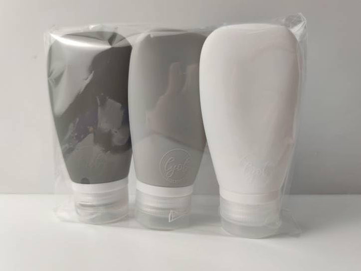 Travel Bottles for Toiletries, TSA Approved 3Oz (90Ml) Leak Proof Silicone Refillable Squeeze Travel Size Containers BPA Free for Cleansers, Lotions, Shampoo 3-Pk (Black-Gray-White)