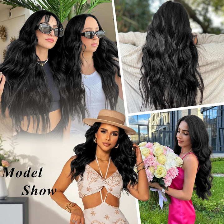 Clip in Long Wavy Synthetic Hair Extension 24 Inch Black 4PCS Thick Hairpieces Fiber Double Weft Hair for Women