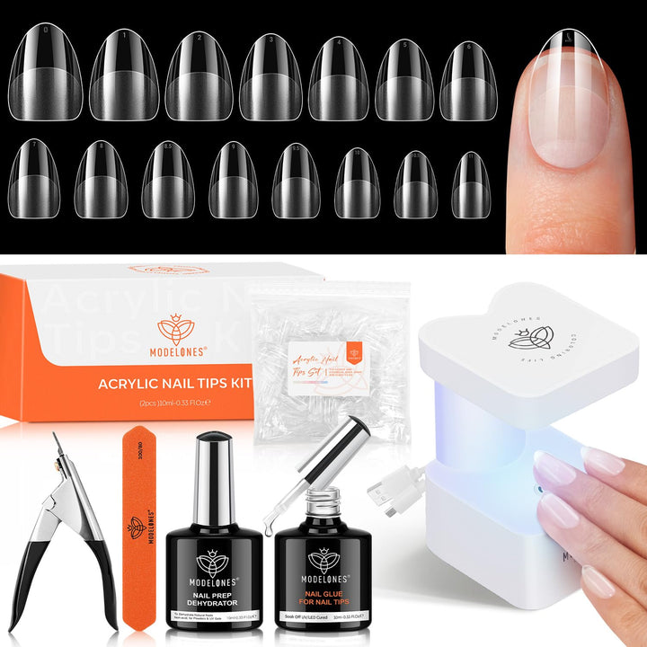 Gel Nail Kit, Fake Nails Long Coffin, 9-In-One Glue Prep Dehydrator & Portable Mini U V Light Acrylic Clipper, 500Pcs Coffin Tips for Extension Kit DIY Salon Home Gifts for Women