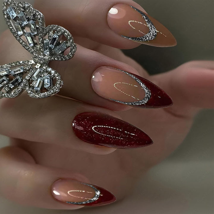 Stiletto Press on Nails Extra Long Fake Nails with Glue Glossy False Nails with Black Gradient Designs Full Cover Almond Acrylic Nail 24Pcs