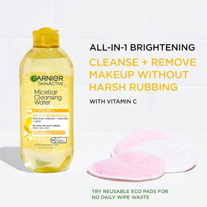 Micellar Water with Vitamin C, Facial Cleanser & Makeup Remover, Brightening & Hydrating, for All Skin Types, Vegan, Cruelty Free, 13.5 Fl Oz (400Ml), 1 Count