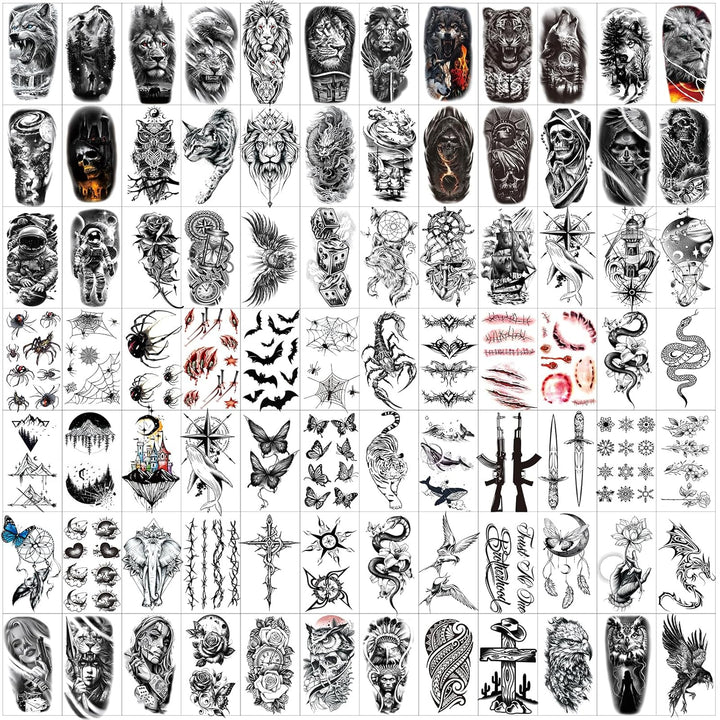 82 Sheets Temporary Tattoo for Men Women Adults, Include 12 Sheets Black 3D Half Sleeve Temporary Tattoos, Halloween Tattoos Scary Lion Wolf Tiger Skull Skeleton Tattoos Stickers