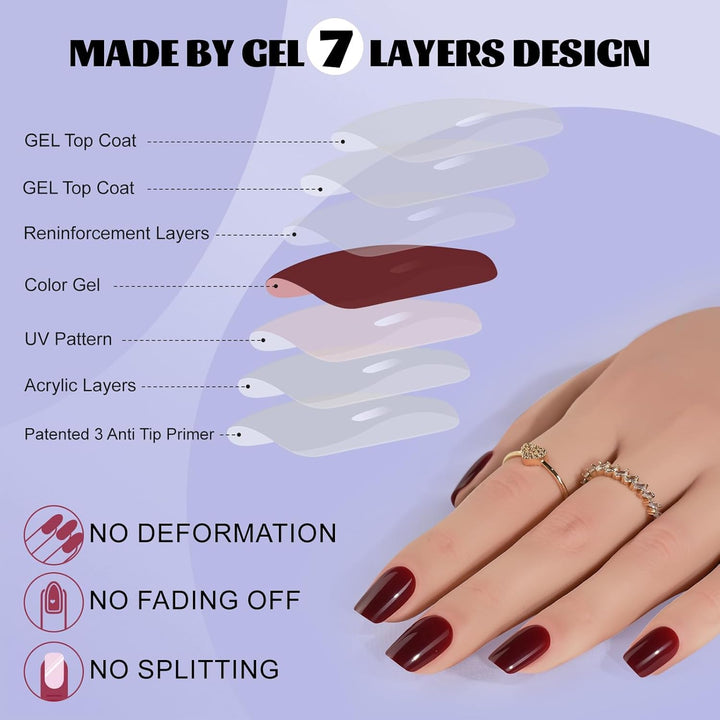 Press on Nails Short -  Acrylic Press on Nails Red, Square Glue on Nails with Nail Glue, Fit Perfectly & Natural Stick on Nails in 16 Sizes - 32PCS Soft Gel Kit, Wine Red