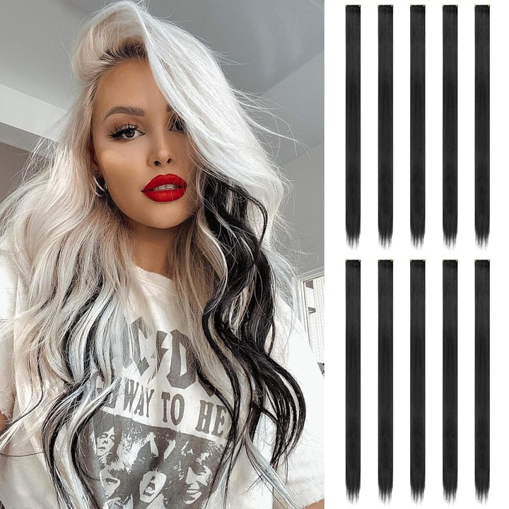 Colored Clip in Hair Extensions - 10 PCS Skyblue Light Blue Highlighted Hair Piece Straight Synthetic Clip in Hairpieces for Women 22 Inch