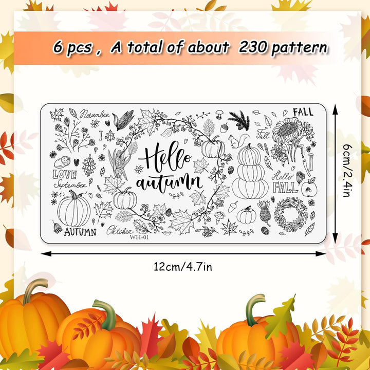 6Pcs Fall Thanksgiving Theme Nail Art Stamping Plate Kit Various Pattern Pumpkin Maple Autumn Blessing Collection Checkered Nail Art Plate for Thanksgiving Day DIY Design Print Manicure Salon