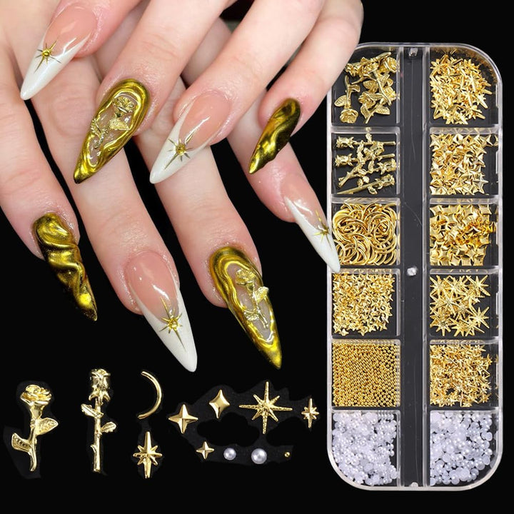 3D Mini Metal Punk Nail Art Studs Mixed Sizes Gold Black Cone Spikes Alloy Nail Rivets Jewelry for Women Goth Nail Art Charms Nails Accessories DIY Crafts Decorations