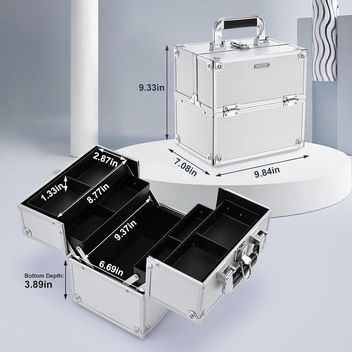 Makeup Train Case Makeup Organizer Box Portable Cosmetic Travel Case with Lock 4 Trays Aluminum Hard Vanity Box Make up Artist Nail Beauty Storage Organizer Cosmetic Suitcase Bright Silver