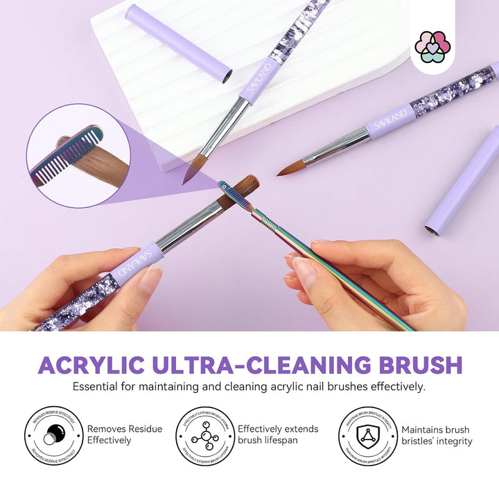 Kolinsky Acrylic Nail Brush Set: Size 6,10,14 Professional Manicure Brushes with Cleaner Tool & Purple Handle for Acrylic Powder,Nail Extensions & 3D Carving - Salon & DIY Nail Art Essentials