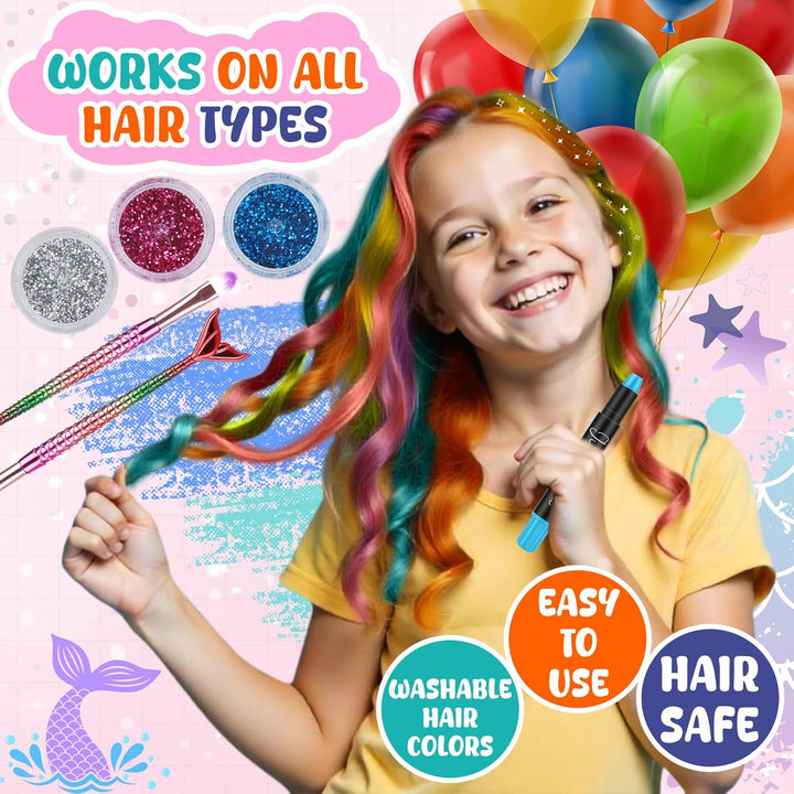 Dustless Hair Chalk for Girls Washable with Clip in Hair Extensions, Brushes and Glitters, Kids Temporary Color Dye, Gifts for Teen Girl Trendy Stuff, Teenage 7 8 9 10 11 12 13 14 Year Old