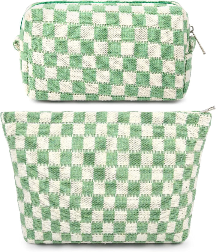 2 Pieces Makeup Bag Large Checkered Cosmetic Bag Capacity Canvas Mix Travel Toiletry Bag Organizer Cute Makeup Brushes Aesthetic Accessories Storage Bag for Women, Checkered Mix Rose Red