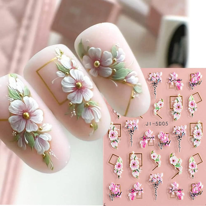 5D Embossed White Flowers Nail Stickers, 5 Sheets Self-Adhesive Floral Nail Decals, Spring Rose Butterfly Nail Art, 3D Acrylic Flowers for Manicure Decor