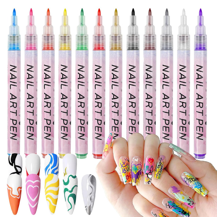 12 Color Nail Art Pens, 0.5 MM Nail Polish Pens Set Drawing Painting Point Liner Acrylic Painted Pen Kit, Waterproof and Quick-Drying Nail for DIY Nails Art Design Manicure Tools